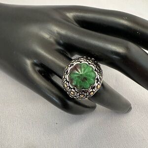 Chunky stainless steel ring with carved Ruby Zoisite stone center